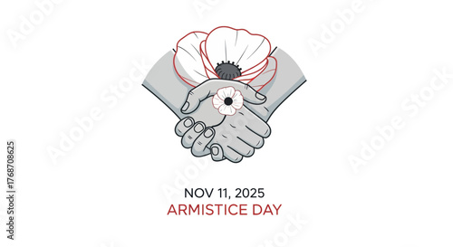Remembering heroes on Armistice Day November 11 2025, a poignant tribute with handshake and poppy flower, honoring peace and sacrifice for remembrance day events