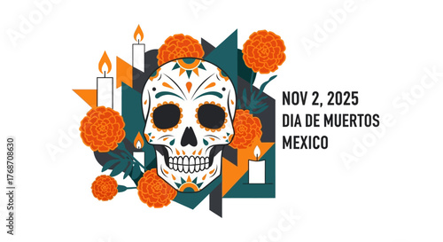 Celebrate Dia de Muertos with this festive skull and marigold design, perfect for invitations and holiday promotions, embrace the vibrant culture of Mexico this November 2nd
