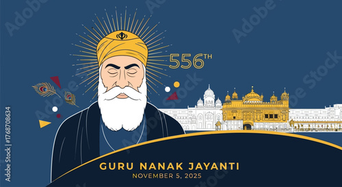 Honor Guru Nanak Jayanti with this elegant design featuring the Golden Temple, perfect for sharing the spirit of peace and devotion in 2025's special celebration