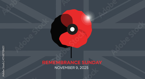 Honor Remembrance Sunday with this poignant poppy emblem over the Union Jack, a solemn tribute to veterans and lasting peace on November 9, 2025