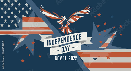 Celebrate freedom with patriotic spirit using this vibrant Independence Day design featuring an eagle and flag, perfect for events, promotions, and national holidays