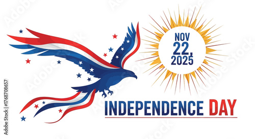 Celebrate freedom with this modern patriotic design featuring a soaring eagle and the date November 22, 2025 for Independence Day events and national promotions