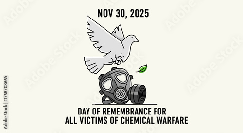 Mark November 30, 2025 as Day of Remembrance for all Victims of Chemical Warfare with a peaceful dove and gas mask, a symbol of hope and remembrance for peace