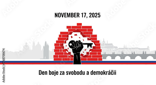 Commemorate the Fight for Freedom and Democracy on November 17, 2025 in Prague, Czech Republic with this symbolic design of breaking down walls and unlocking potential