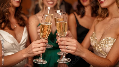 Friends Celebrate Together With Champagne Glasses at a Joyful Gathering in an...