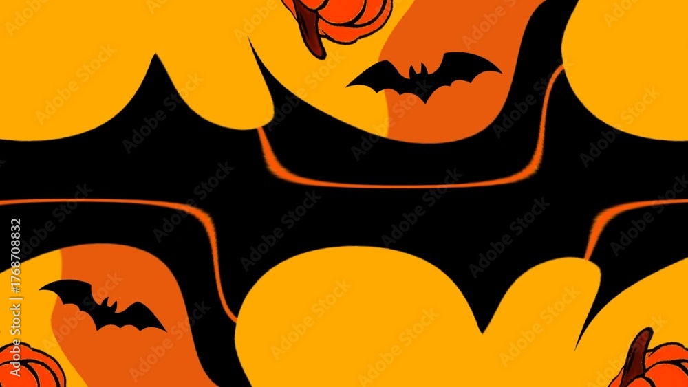 Fototapeta premium Autumn Halloween background with bats and colorful abstract shapes in warm orange, black and yellow tones. Illustration. For cards, gifts, invitations