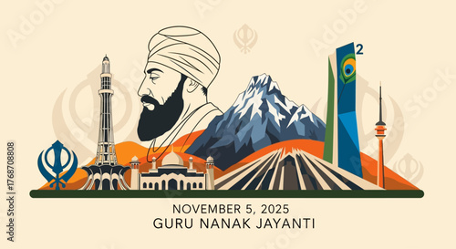 Celebrate Guru Nanak Jayanti with a stunning tribute to Sikh heritage, featuring a majestic portrait, architectural landmarks, and serene mountain landscapes, perfect for November 5, 2025