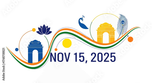 Celebrate India's vibrant culture with this artistic design featuring the India Gate, lotus flower, and peacock feather for a special event on November 15, 2025