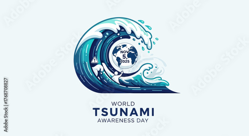 Illustrative Design for World Tsunami Awareness Day on November 5, 2025, Featuring a Large Wave and Earth Symbol to Promote Disaster Preparedness and Coastal Safety Messages