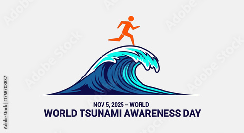 Promote World Tsunami Awareness Day with this dynamic graphic of a runner atop a powerful wave, symbolizing resilience and preparedness in the face of natural disasters