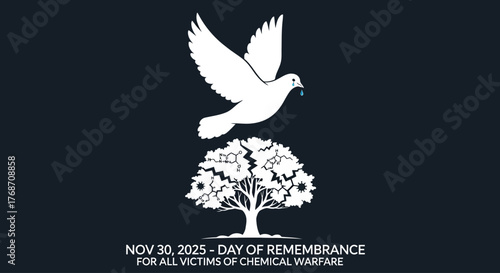 Remembering Victims of Chemical Warfare on November 30, 2025 with a symbolic dove and broken tree, raising awareness for peace and international justice efforts
