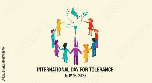 Celebrate International Day for Tolerance with diverse children joining hands under a peaceful dove symbolizing unity and harmony for a better future in 2025, promoting acceptance
