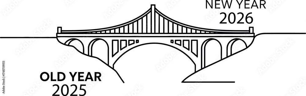 Obraz premium Bridge symbolizing transition from old year 2025 to new year 2026 with architectural design