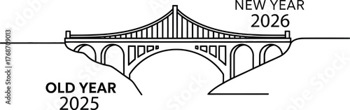 Bridge symbolizing transition from old year 2025 to new year 2026 with architectural design