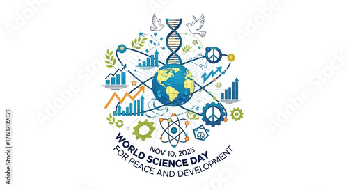 Celebrate World Science Day for Peace and Development with this inspiring global design, perfect for educational campaigns and promoting scientific advancement worldwide