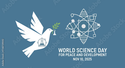 Celebrate World Science Day 2025 with this symbolic peace dove carrying a science flask, promoting peace and development through scientific innovation and discovery for a brighter future
