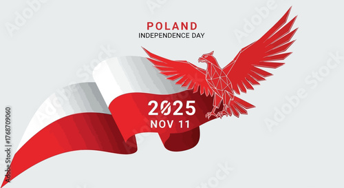 Celebrate Poland Independence Day 2025 with a dynamic red and white flag graphic featuring the bold Polish eagle, perfect for posters, social media, and event promotions