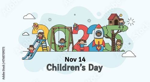Celebrate Children's Day 2024 with playful illustrations of kids enjoying a slide, swing, treehouse, and rocket ship adventure, perfect for joyful social media campaigns and holiday greetings