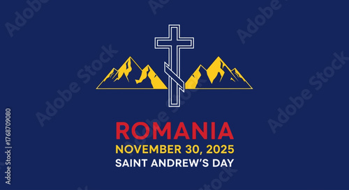Celebrate Romania's Saint Andrew's Day in 2025 with this elegant design featuring a cross and mountainous landscape, perfect for greeting cards, social media, and cultural events