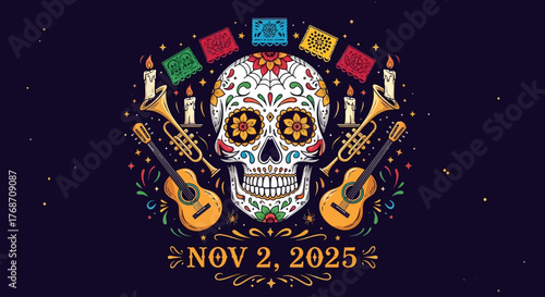 Celebrate Day of the Dead with vibrant sugar skull art featuring guitars, trumpets, candles, and colorful papel picado, perfect for cultural events and holiday designs