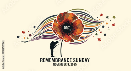 Solemn Remembrance Sunday memorial with soldier silhouette and poppy flower honoring veterans on November 9th, 2025, a day to remember sacrifices and show gratitude