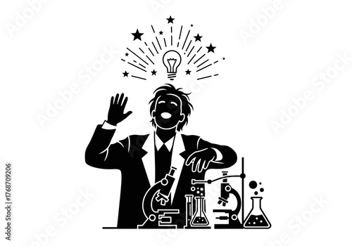 Scientist with a bright idea surrounded by laboratory equipment and a burst of inspiration