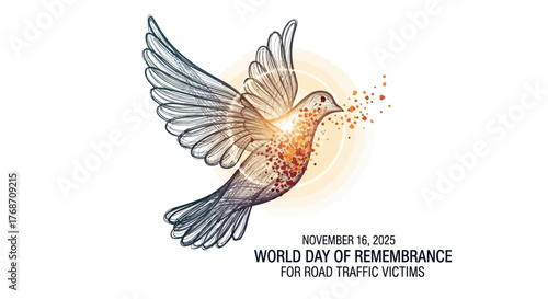 Symbolic dove of peace with scattered particles gracefully flying against a bright, hopeful backdrop, commemorating road traffic victims with profound remembrance and solemnity.