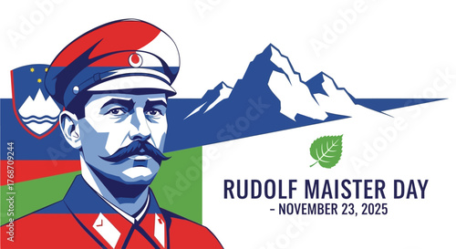 Commemorate Rudolf Maister Day with a powerful portrait and iconic Slovenian mountain landscape celebrating national pride and heritage, perfect for informational and patriotic displays.