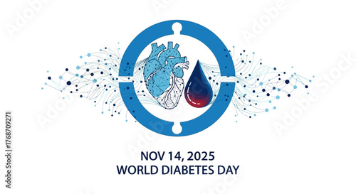 World Diabetes Day awareness campaign graphic featuring a stylized heart and blood drop with digital network elements, promoting health education and global health initiatives for November 14th