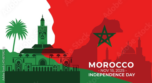 Celebrate Morocco's Independence Day with vibrant national colors, iconic landmarks, and a palm tree creating a dynamic patriotic scene for festive greetings and commemorations