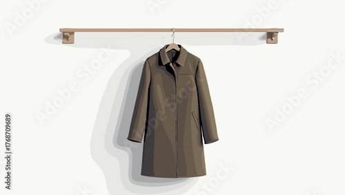 Brown wool down coat on hanger hanging on wooden rail against white wall minimalist background
