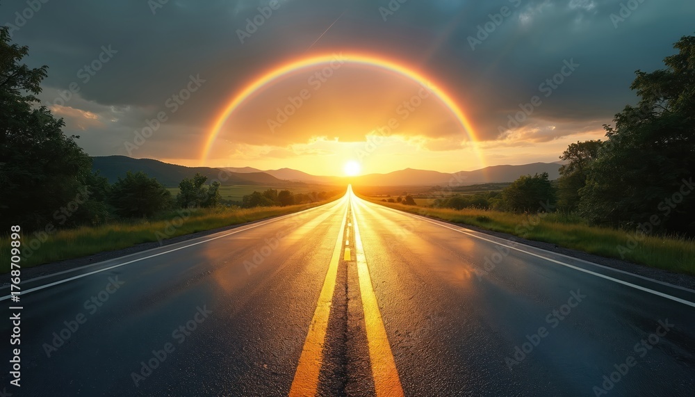 Naklejka premium Straight highway with rainbow against sunset. Road stretches to horizon through fields. Mountains under colorful sky. Beautiful nature landscape with sunshine. Road trip, travel concept. Scenery