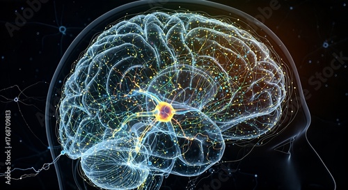 Digital illustration of a human brain with glowing interconnected neurons and synapses representing intelligence and thought.