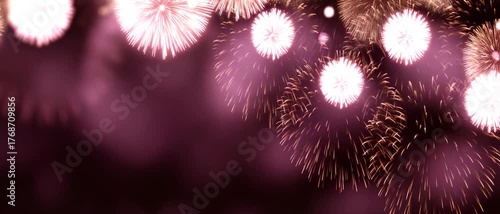 Glittering pink and gold fireworks in night sky, perfect for New Year celebration, festive event, party background, special anniversary, holiday invitation, seasonal greeting design. Panoramic video.