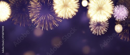 Glittering purple and gold fireworks in night sky, perfect for New Year celebration, festive event, party background, special anniversary, holiday invitation, seasonal greeting design. Panoramic video