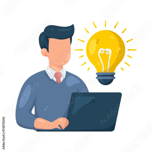 Illustration of Man with Laptop and Idea