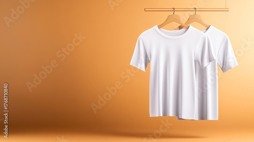 Two white t-shirts are hanging on wooden hangers against a solid orange background, creating a clean and minimalist clothing display.