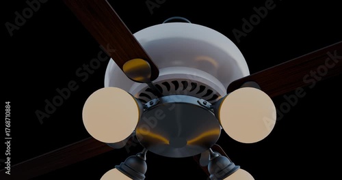 Close-up low angle view of a modern ceiling fan featuring wooden blades and integrated warm-toned light fixtures. The sleek metallic housing and illuminated bulbs highlight contemporary home interior