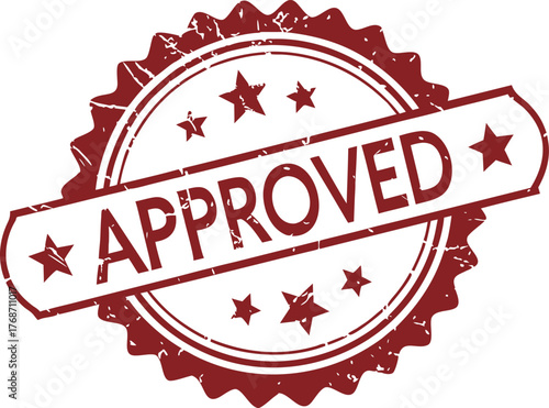 A vibrant red rubber stamp with the word 'APPROVED' in bold white letters, surrounded by a star-patterned border