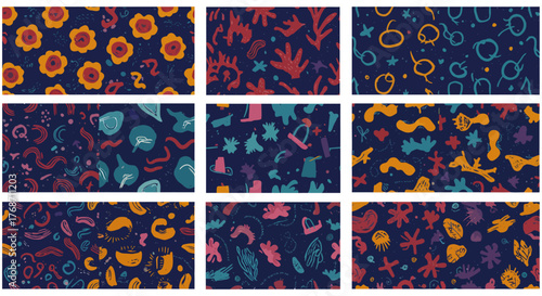 colorful abstract pattern design a vibrant arrangement of quirky shapes on a dark backdrop perfect for textile prints and modern backgrounds.