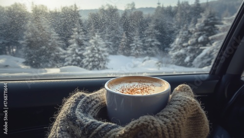 Warm Drink Enjoyed Inside a Car While Snow Falls Outside During Winter