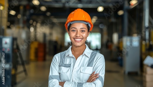 Smiling Woman in Safety Gear Poses Confidently in an Industrial Workshop