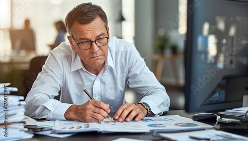 Business Professional Writing Notes in a Busy Office Setting During Daytime