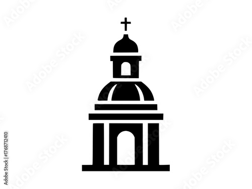 Vector isolated minimal black silhouette of a domed church with a cross, shown as a simple icon.