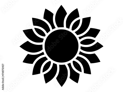 Vector isolated black sunflower silhouette with a bold circular center and stylized layered petals on a clean white background.