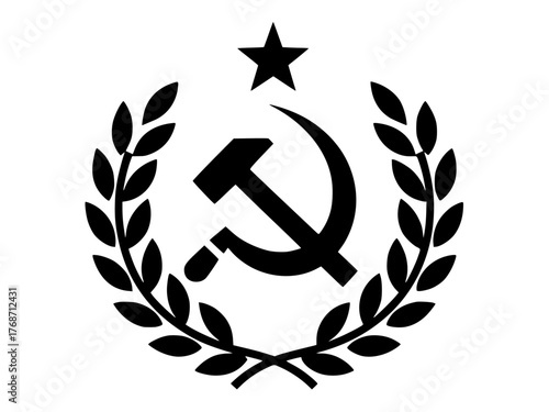 Vector isolated black hammer and sickle with a star, framed by a laurel wreath — a minimalist Soviet-era communist emblem.