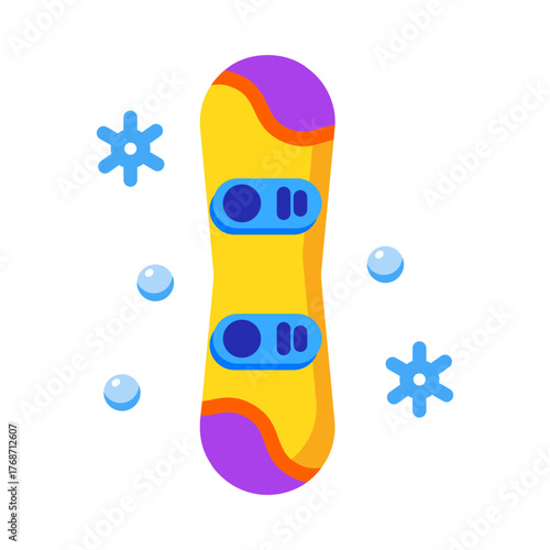 A flat style icon depicting colourful snowboard