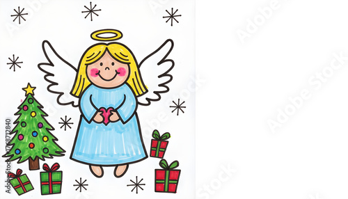 Cute angel character holding gifts beside Christmas tree and snowflakes, children's creativity, space for text
  