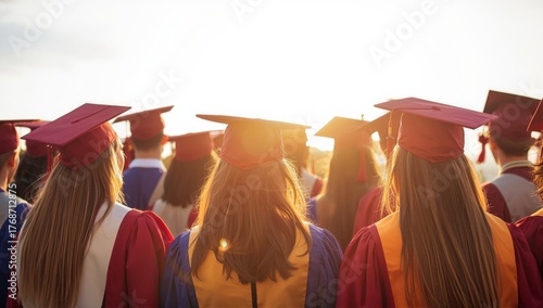 Graduation Ceremony With Students Celebrating Under the Setting Sun in Caps a...