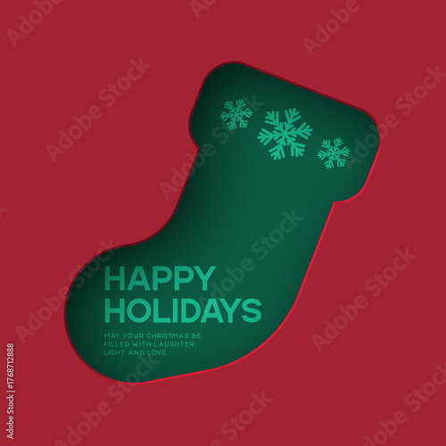 Christmas greeting card with stocking sock in 3D paper cut style. Red and green traditional colors holiday background. Vector illustration.
